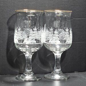2 Lynns China Pines Water Goblets 7" gold winter scene white silhouette trees ho